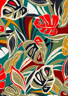 an abstract floral pattern with leaves and flowers