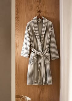 100% cotton striped bathrobe - Home | MANGO USA Bath Robe Aesthetic, Personalized Bathrobe, Summer In Nyc, Aesthetic Bath, Terry Cloth Robe, Luxury Robes, Men's Robes, Bedding Sheets, Closet Update