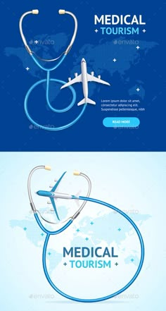 medical tourism banner with an airplane and stethoscope on the blue background - banners & ads print templates