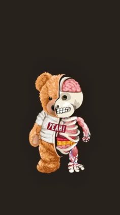 a teddy bear with a brain on it's chest and the words yeah written in red