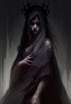 a woman dressed in black and wearing a veil with her hands on her chest, standing in the dark