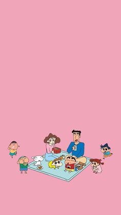 an image of people sitting on a rug with cartoon characters around them in front of a pink background