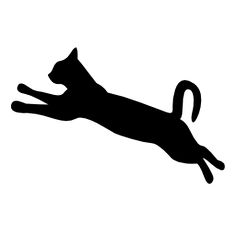 a black and white silhouette of a cat jumping in the air with it's tail extended