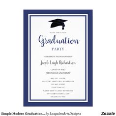 a graduation party card with a red frame and mortar cap on the front, in white background