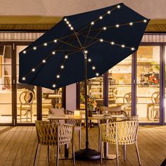 an umbrella that is sitting on top of a wooden table with chairs and tables underneath it