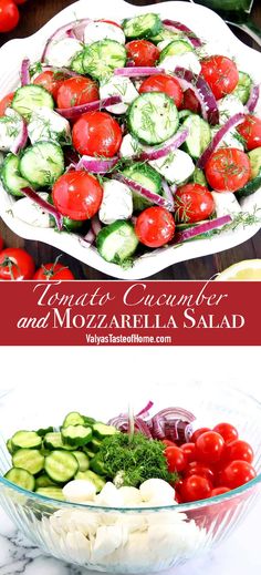 a salad with cucumbers, tomatoes and red onions in a glass bowl on a table