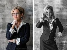 two photos of women in business attire one is wearing glasses and the other has her hand on her head