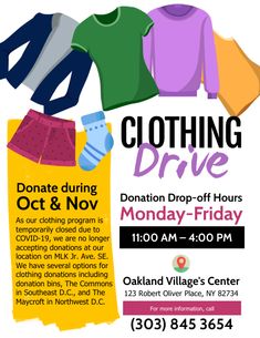 a flyer for an event with clothes on the hanger and text that reads, donation drop - off hours monday - friday