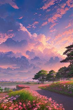 a painting of the sky and clouds over a park with flowers in front of it