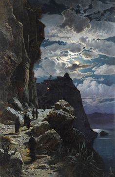 a painting of people walking on a rocky cliff by the ocean under a cloudy sky