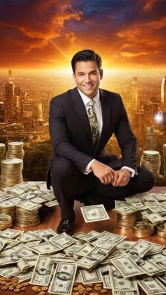 a man in a suit and tie sitting on top of stacks of money with the sun setting behind him