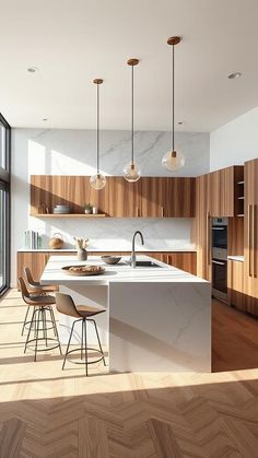 a modern kitchen with wooden cabinets and marble counter tops, along with bar stools