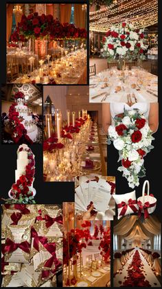 a collage of photos with red and white flowers, candles, table cloths