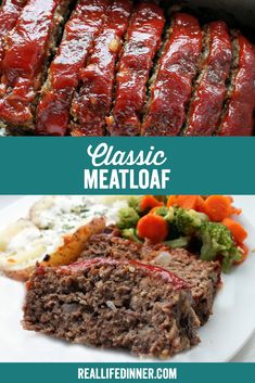 meatloaf with broccoli, carrots and mashed potatoes on the side