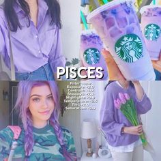 a woman with purple hair holding up two starbucks cups in front of her face and the caption pisces