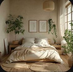 a bed sitting in a bedroom next to a window with plants on the wall behind it