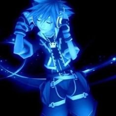 an anime character with headphones and blue hair, standing in front of a black background