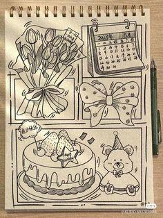 a drawing of a birthday cake with flowers and teddy bears on it next to a calculator