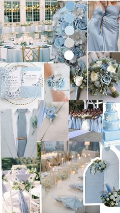 a collage of blue and white wedding colors, with flowers on the top right hand corner