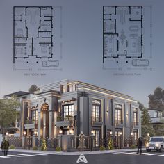 two story building with floor plans and elevation views