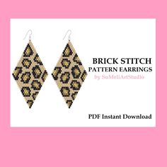 a pair of earrings made out of woven fabric with the words, brick stitch pattern earrings