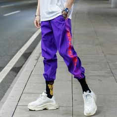 FREE SHIPPING Streetwear Harem Pants Side Anime Print JKP4636 Purple Joggers Outfit, Harem Pants Hip Hop, Mens Vest Casual, Purple Joggers, Hip Hop Trousers, Men's Trench Coat, Bicycle Clothing, Men's Windbreaker, Sweatpants Style