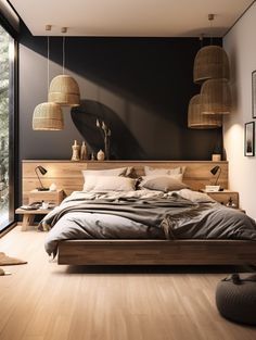 a bedroom with wooden floors and black walls, along with large windows that look out onto the forest