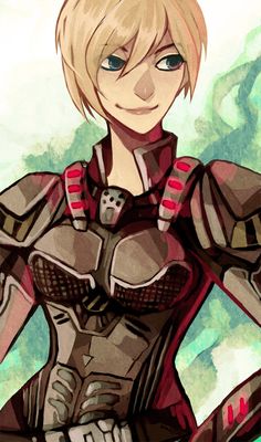 an anime character with blonde hair wearing armor and holding her hands behind her back, looking at the camera