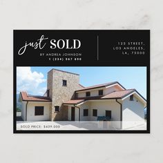 a real estate listing postcard with an image of a house and the words just sold on it