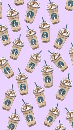 starbucks coffees are arranged in rows on a purple background with blue and green straws