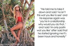 a woman in a red bathing suit standing next to a tree with the words, he told me to take it down and said no