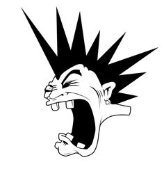 an angry looking cartoon character with its mouth open and teeth wide open, black and white