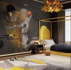 a bedroom with a basketball theme on the wall