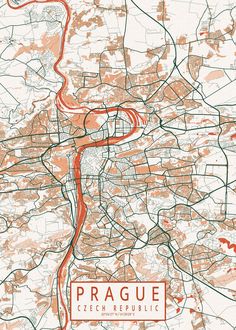 a map of prague with the streets and roads marked in red, green and orange