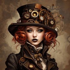 a woman with red hair wearing a top hat and steampunks on her face