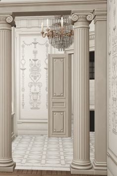 an empty room with columns and chandelier in the center, surrounded by white wallpaper