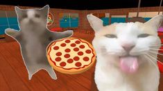 a cat is standing next to a pizza on the floor with it's tongue out