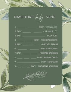 a baby shower game with leaves on the back and name that says, baby song