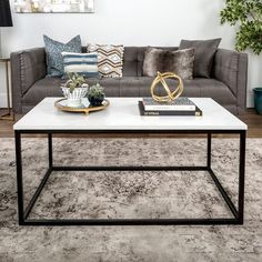 a living room with a couch, coffee table and pillows on the floor in front of it