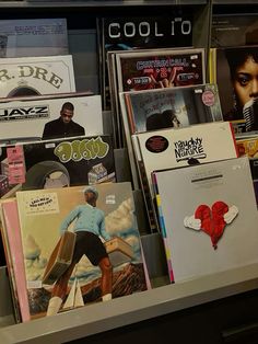 various records are on display in a store