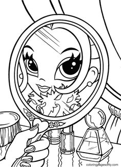 a cartoon character looking through a magnifying glass with her hand on the table