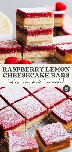 raspberry lemon cheesecake bars stacked on top of each other