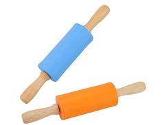 two wooden rolling pins with blue and orange handles on white background, side by side