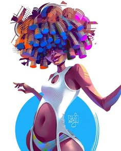 a digital painting of a woman with an afro hairstyle and white bodysuit holding a tennis racquet