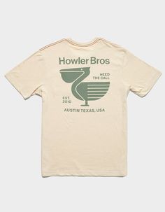 Howler Brothers Pelican Postage Pocket Tee. Left Chest Pocket. Howler Brothers Screened Above Pocket. Large Graphic On Back. Crew Neck. Short Sleeve. Contrast Stitching At Shoulder. 50% Cotton 50% Polyester. Machine Wash. Imported. Surf Shirt Design, Surf Shirt, Pocket Tee, Contrast Stitch, Chest Pocket, Shirt Designs, Graphic Tees, Mens Outfits, T Shirt