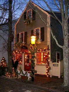 a house decorated with christmas lights and garlands