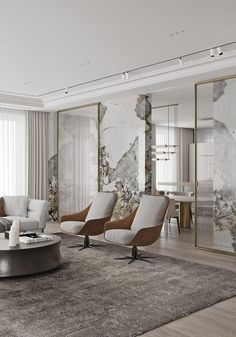 a modern living room with marble walls and furniture