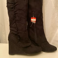 Mia Amore Black Suede Knee High Wedge Boots New In Many Sizes Wedge Knee High Boots, Birthday Pinterest, Kneehigh Boots, Thrift Wishlist, Marc Fisher Sandals, Knee High Wedge Boots, Scene Outfits, Cork Wedges Sandals, Stylish Clothes