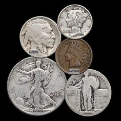 five different types of silver coins on a black background with the image of two men and one woman