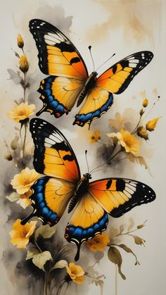 two butterflies flying over yellow flowers on a white background with watercolor paint effect in the foreground